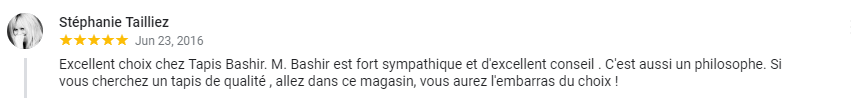 Témoignage cinq étoiles d'un client heureux après avoir acheté un tapis chez nous.